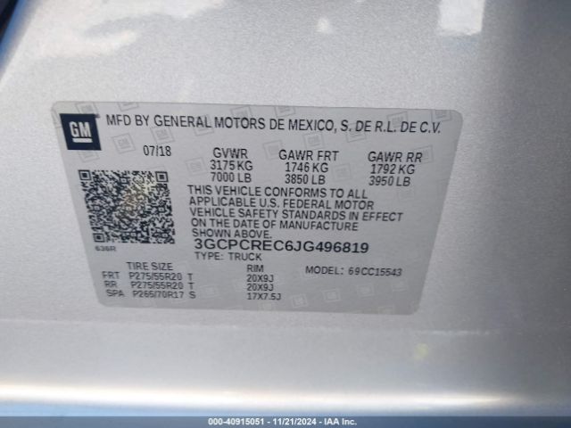 3GCPCREC6JG496819 Chevrolet Silverado 1500 1lt
