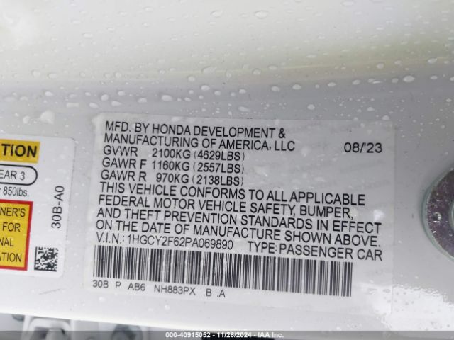 1HGCY2F62PA069890 Honda Accord Hybrid Ex-l