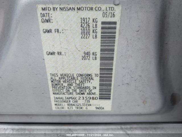1N4AL3AP6GC235980 Nissan Altima 2.5/2.5 S/2.5 Sl/2.5 Sr/2.5 Sv