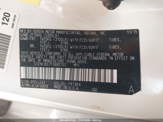 5TDYK3DC7FS680133 Toyota Sienna Xle/limited
