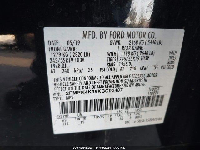 Ford Edge Titanium 2019 2FMPK4K99KBC02487 Image 9
