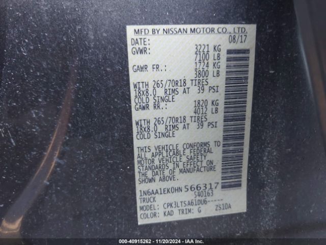 1N6AA1EK0HN566317 Nissan TITAN SV