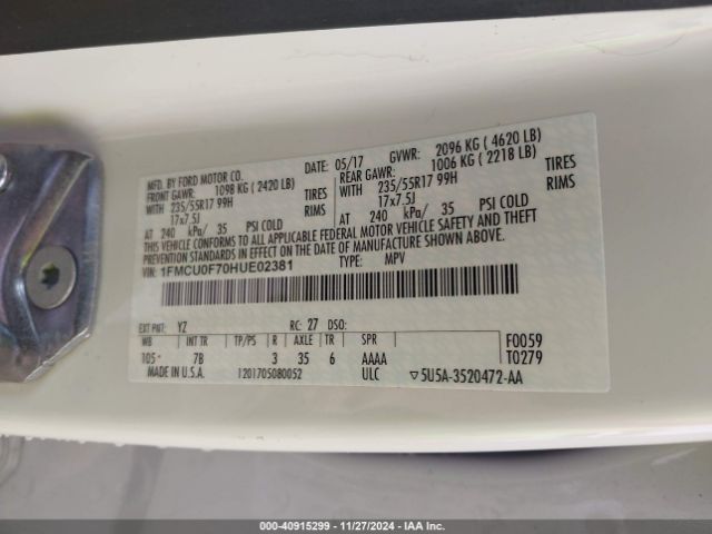 1FMCU0F70HUE02381 Ford ESCAPE S