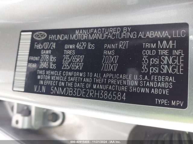 5NMJB3DE2RH386584 Hyundai TUCSON SEL