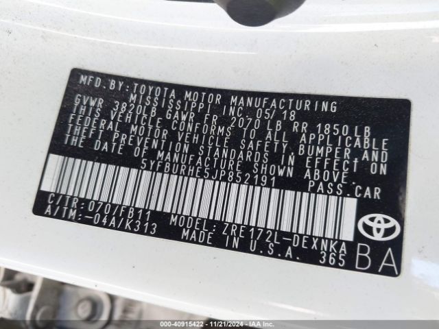 5YFBURHE5JP852191 Toyota COROLLA LE