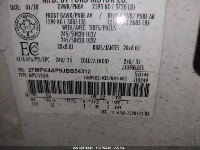2FMPK4AP9JBB54312 Ford EDGE SPORT