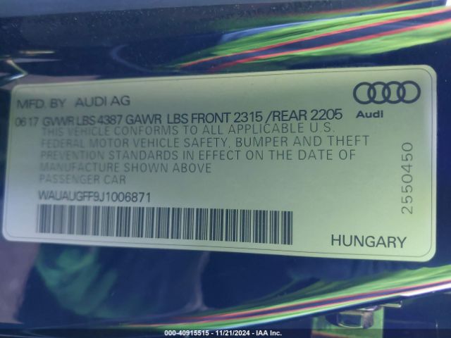 WAUAUGFF9J1006871 Audi A3 2.0t Premium/2.0t Tech Premium