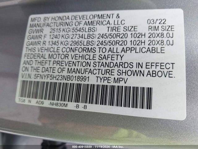 Honda Pilot 2wd Special Edition 2022 5FNYF5H23NB018991 Image 9
