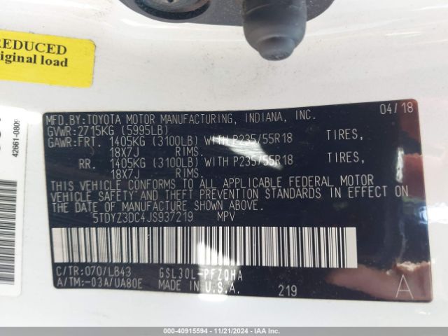 5TDYZ3DC4JS937219 Toyota Sienna Limited 7 Passenger