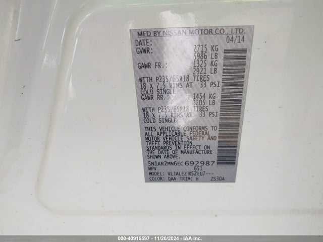 Nissan Pathfinder Sv 2014 5N1AR2MN6EC692987 Image 9