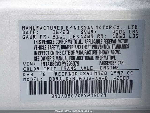 3N1AB8CVXPY295079 Nissan Sentra Sv Xtronic Cvt