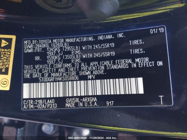 5TDDGRFH4KS058806 Toyota Highlander Hybrid Limited Platinum