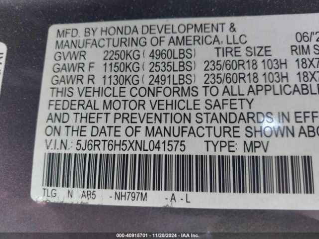5J6RT6H5XNL041575 Honda Cr-v Hybrid Ex