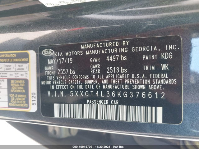 KIA Optima Lx 2019 5XXGT4L36KG376612 Image 9