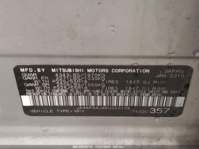 JA4AP4AUXKU023106 Mitsubishi Outlander Sport 2.0 Se