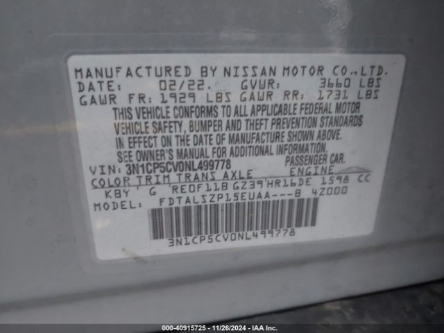 3N1CP5CV0NL499778 Nissan Kicks Sv Xtronic Cvt