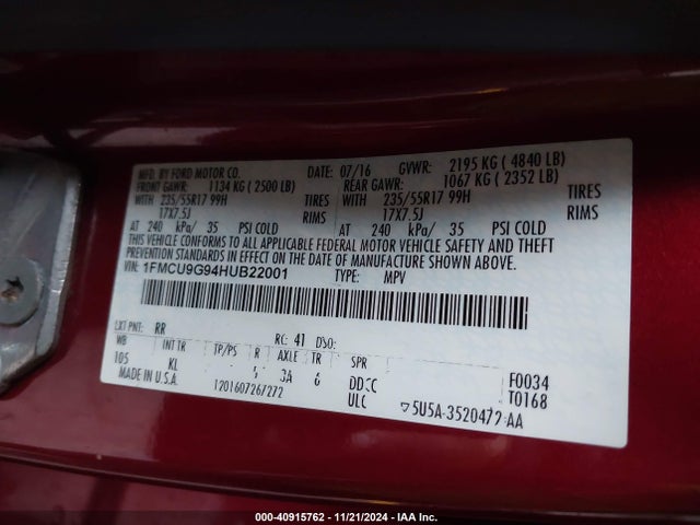 Ford ESCAPE SE 2017 1FMCU9G94HUB22001 Image 9