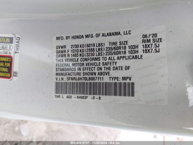 5FNRL6H70LB067111 Honda Odyssey