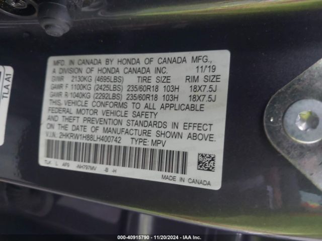 2HKRW1H88LH400742 Honda Cr-v 2wd Ex-l
