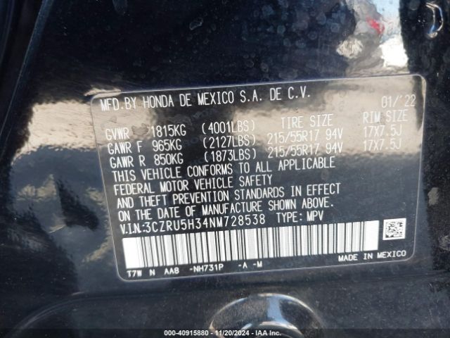 3CZRU5H34NM728538 Honda Hr-v 2wd Lx