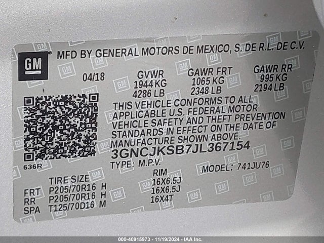 Chevrolet TRAX LS 2018 3GNCJKSB7JL367154 Image 9