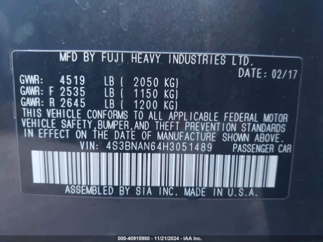 4S3BNAN64H3051489 Subaru Legacy 2.5i Limited