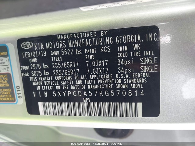 KIA Sorento 3.3l Lx 2019 5XYPGDA57KG570814 Image 9