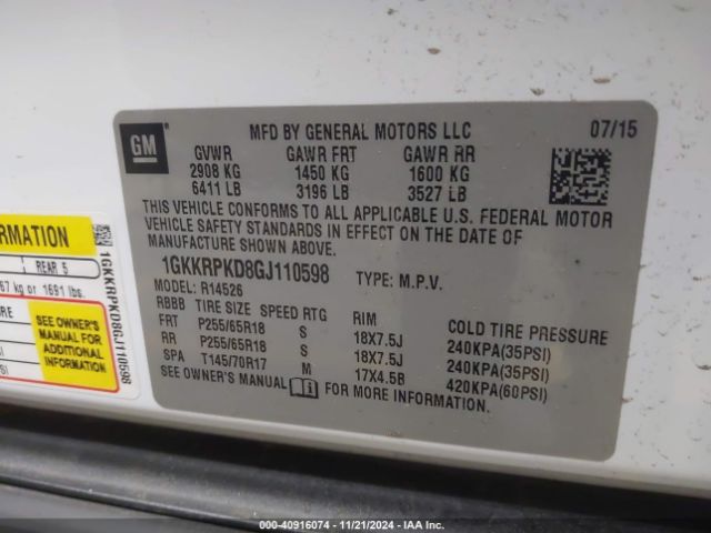 1GKKRPKD8GJ110598 GMC Acadia Sle-2