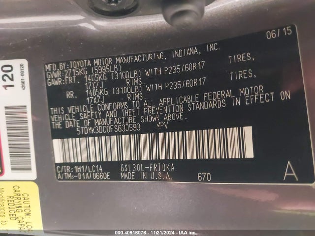 Toyota Sienna Xle 8 Passenger 2015 5TDYK3DC0FS630593 Image 9