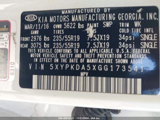 5XYPKDA5XGG173541 KIA Sorento 3.3l Sx