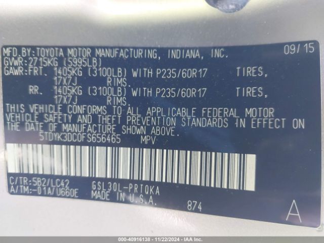 5TDYK3DC0FS656465 Toyota Sienna Xle/limited