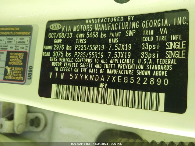 KIA Sorento Sx V6 2014 5XYKWDA7XEG522890 Image 9