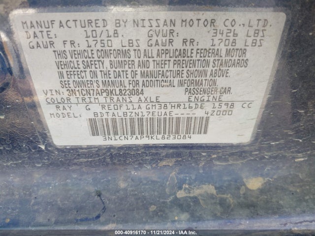 Nissan Versa 1.6 Sv 2019 3N1CN7AP9KL823084 Image 9