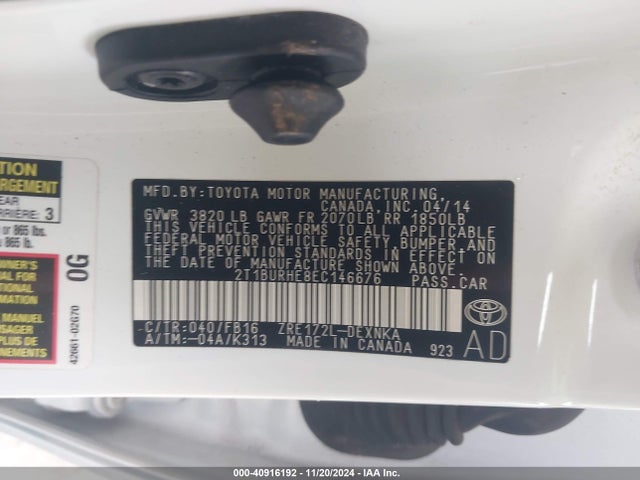 Toyota COROLLA LE 2014 2T1BURHE8EC146676 Image 9