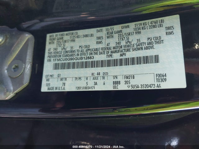 Ford ESCAPE SE 2016 1FMCU0G90GUB12883 Image 9