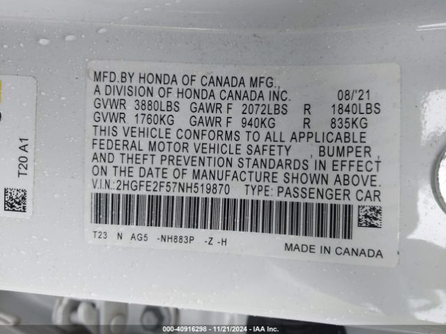 2HGFE2F57NH519870 Honda Civic Sport