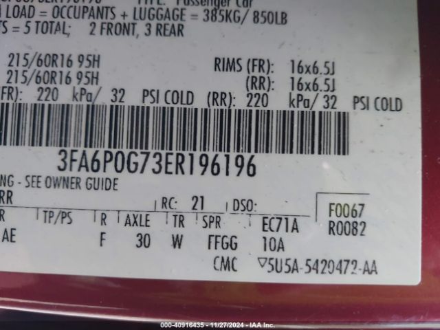 3FA6P0G73ER196196 Ford FUSION S
