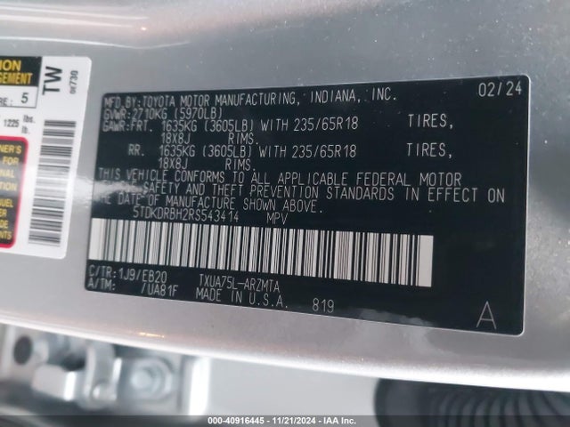 5TDKDRBH2RS543414 Toyota Highlander Xle