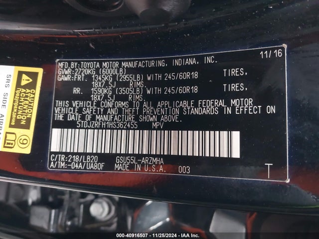 Toyota Highlander Xle 2017 5TDJZRFH1HS362455 Image 9