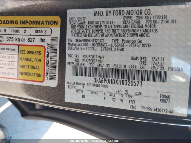 Ford FUSION SE 2017 3FA6P0HDXHR320571 Image 9