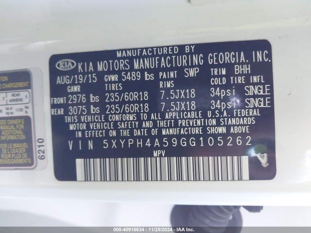 5XYPH4A59GG105262 KIA Sorento 3.3l Ex