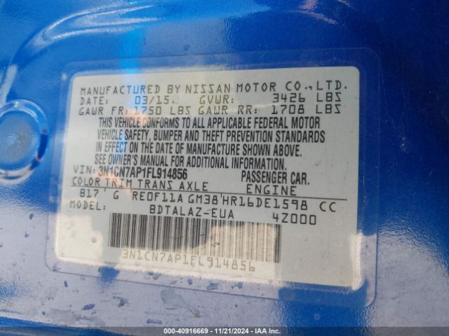 3N1CN7AP1FL914856 Nissan Versa 1.6 S+
