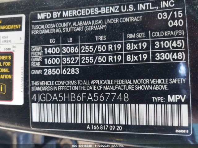 4JGDA5HB6FA567748 Mercedes-Benz Ml 350 4matic