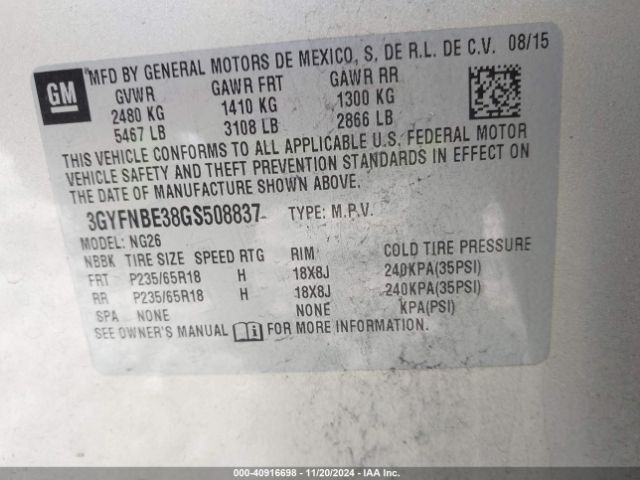 3GYFNBE38GS508837 Cadillac Srx Luxury Collection