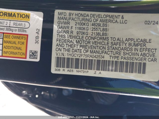 1HGCY2F75RA042534 Honda Accord Hybrid Sport-l