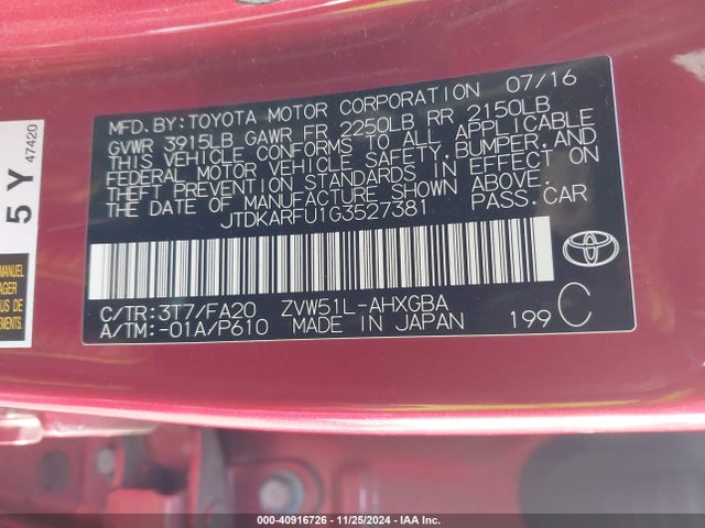 JTDKARFU1G3527381 Toyota Prius Three