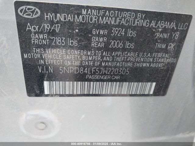 5NPD84LF5JH220305 Hyundai ELANTRA SEL