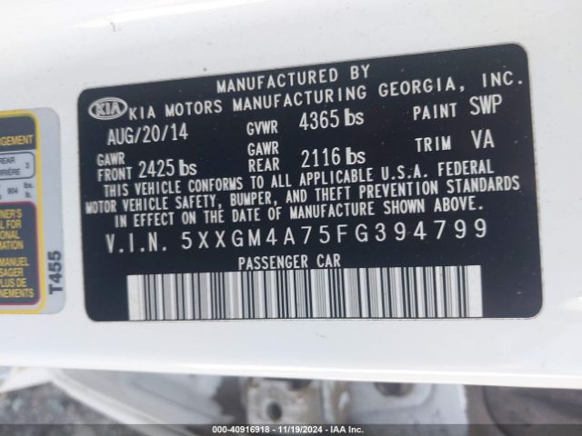 5XXGM4A75FG394799 KIA Optima Lx