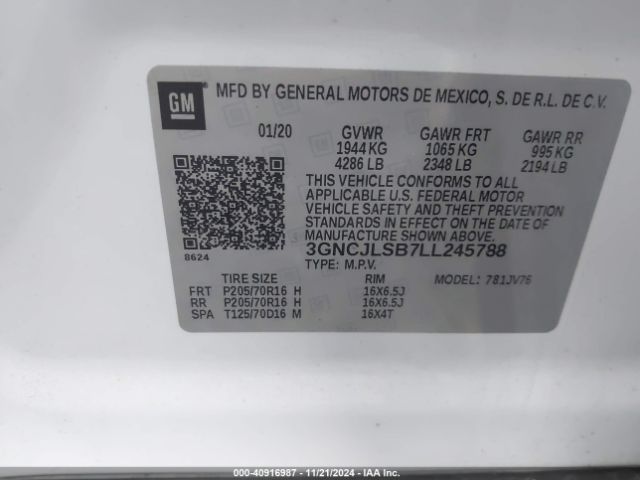 3GNCJLSB7LL245788 Chevrolet Trax Fwd Lt