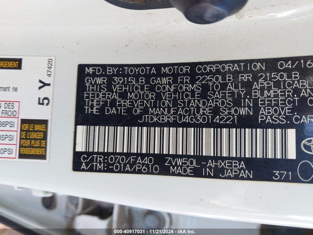 JTDKBRFU4G3014221 Toyota Prius